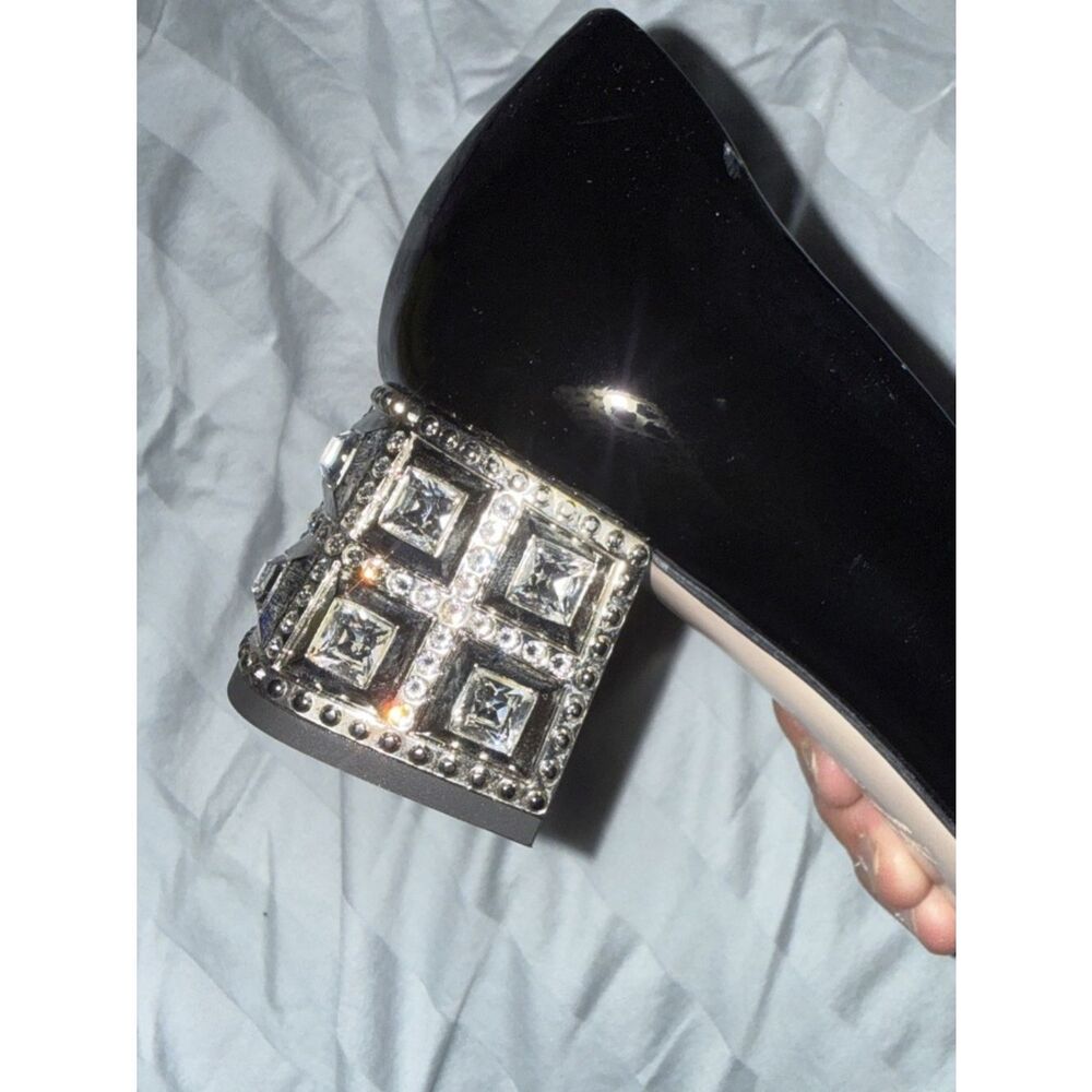 MIU MIU Embellished Jeweled Crystal Heel Black Patent Leather Luxury Heels 38.5 - Picture 8 of 9